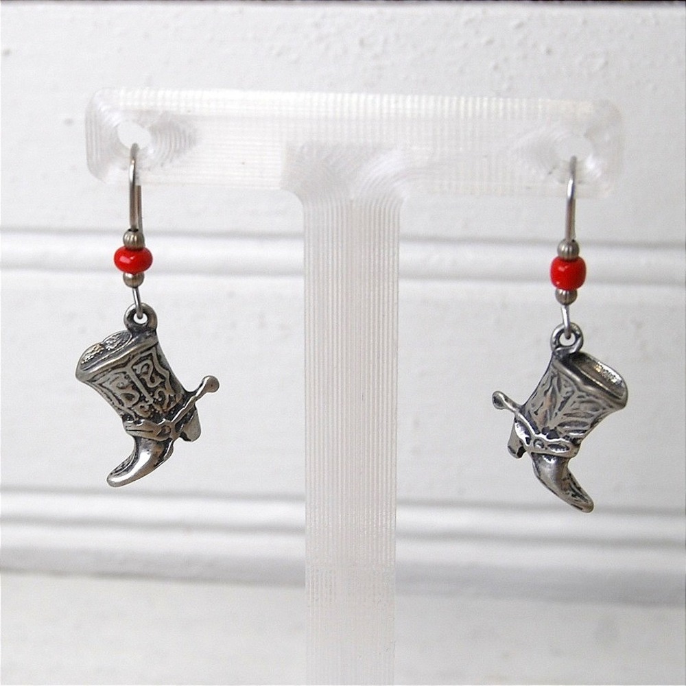 Cowboy Boot Earrings‎ 3D Dangle Vintage Western Silver-tone Red Bead Jewelry